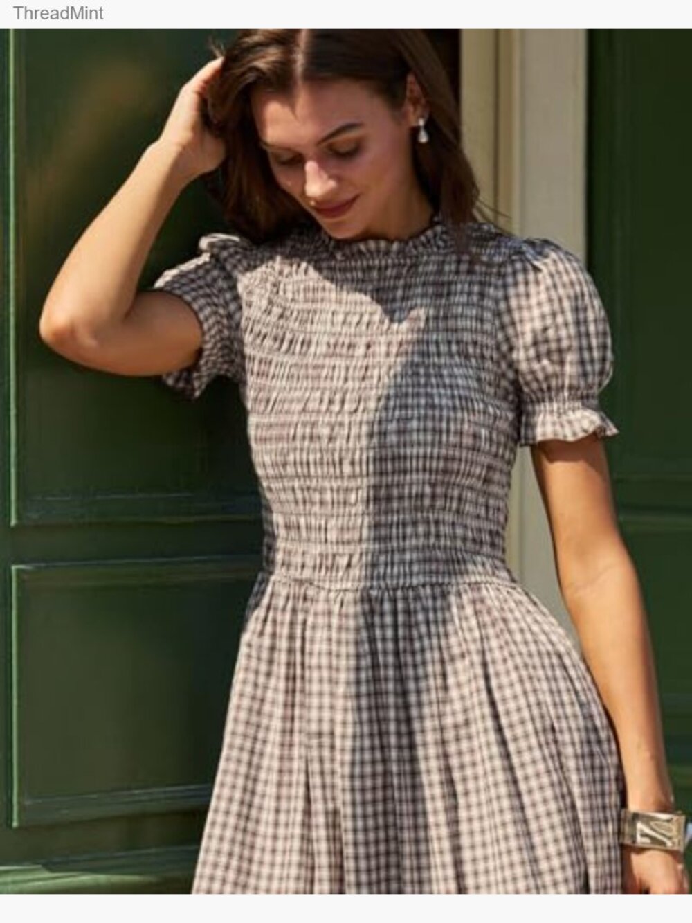 Smocked Puff Sleeve Midi Dress, Flowy A-Line Boho Sundress - Picture 5 of 7